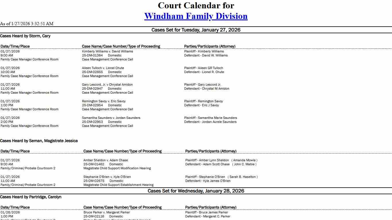 Windham Family Division Calendar