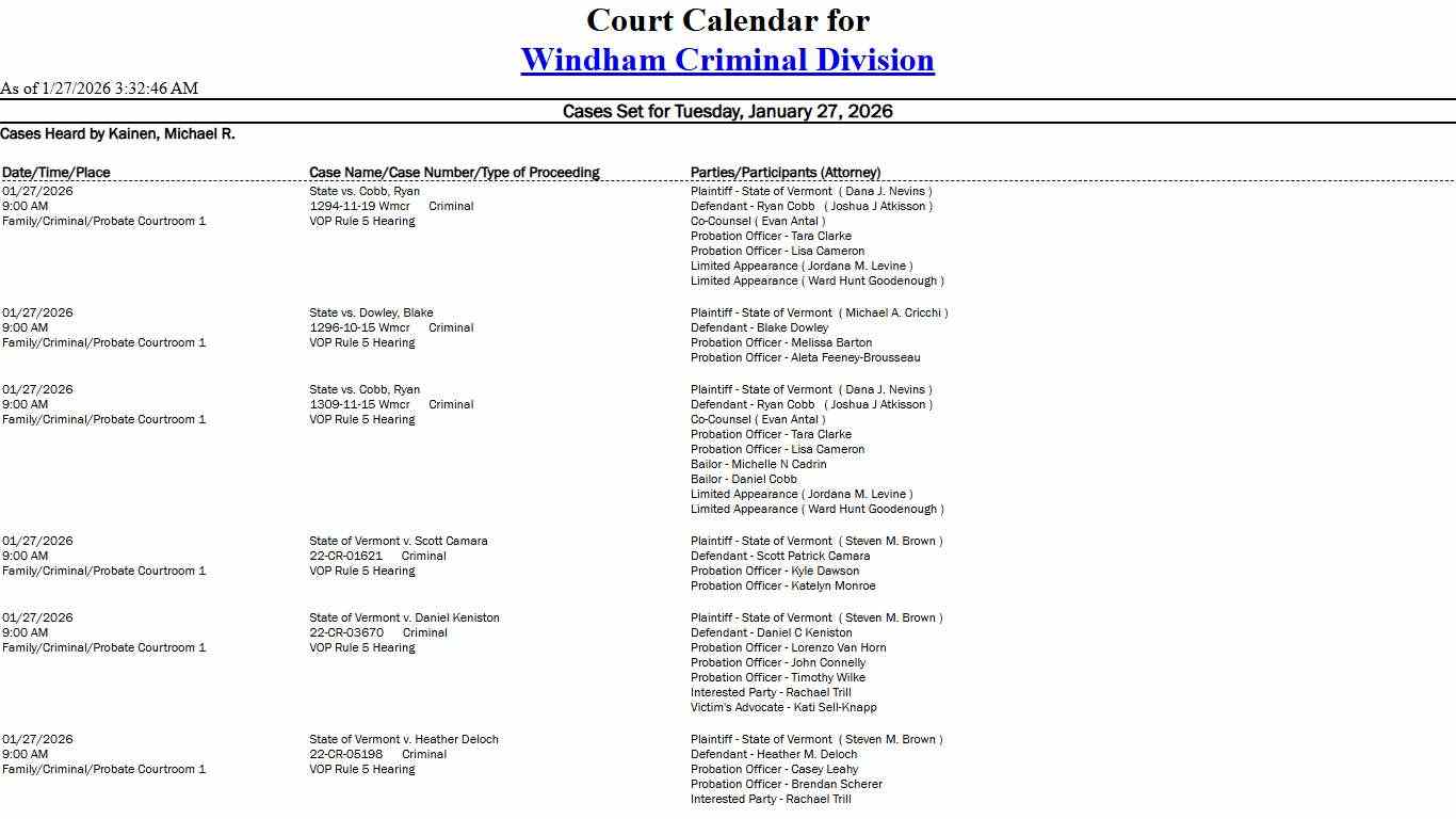 Windham Criminal Division Calendar